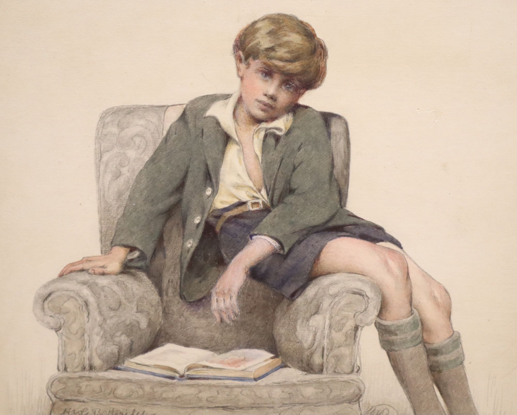 H. W. G. Betteridge (19th//20th century), portrait of a young boy perched on the arm of a chair and another of a boy picking apples,